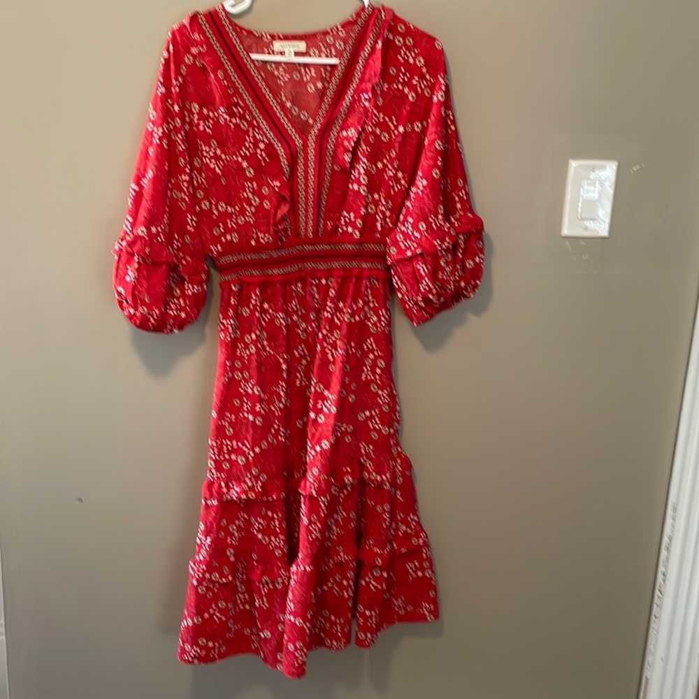 Max studio V-neck cinched waist ruffle dress